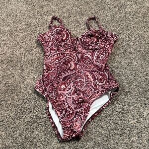 Kona Sol Burgundy and Pink Paisley One-Piece Swimsuit Size Medium